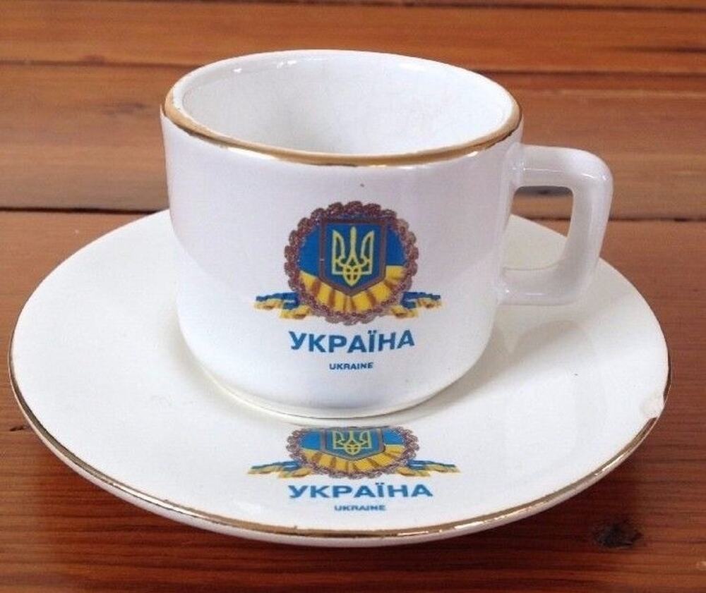 Vintage Ukraine White Ceramic Coffee Tea Cup Demitasse Saucer Set Atta
